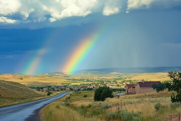 Rainbow Over Rolling Hills: A beautiful post-rain scene with a clear