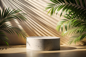 Obraz premium Photo Terrazzo stone podium with palm leaves for product display Sun shadows background