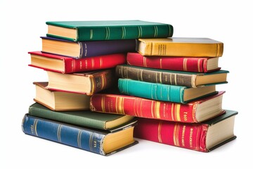 Fototapeta premium A stack of colorful hardcover books with red, green, blue, and yellow spines on a white background 
