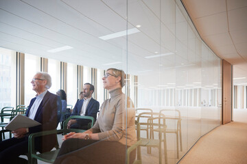 Group of multiracial business colleagues attending seminar seen through glass in office