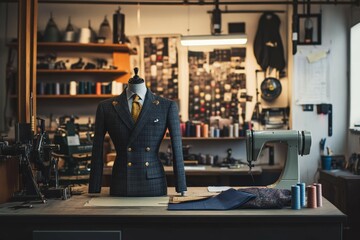 A photo Tailor Sewing a Custom Suit in a Studio: A tailor measuring and pinning fabric on a mannequin, working on a custom suit