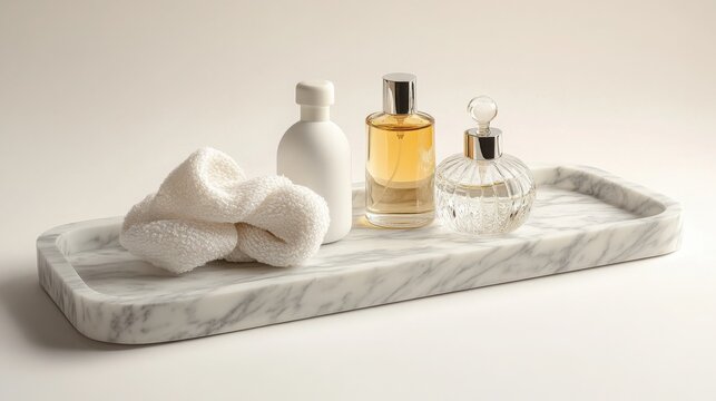 A high-quality photograph of a marble tray displaying luxury skincare products or perfumes. 