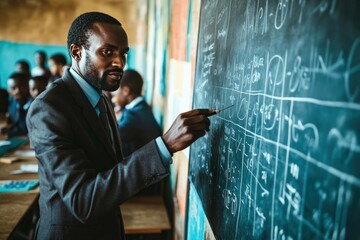 Teacher Writing Math Equations on Chalkboard in Classroom with Students