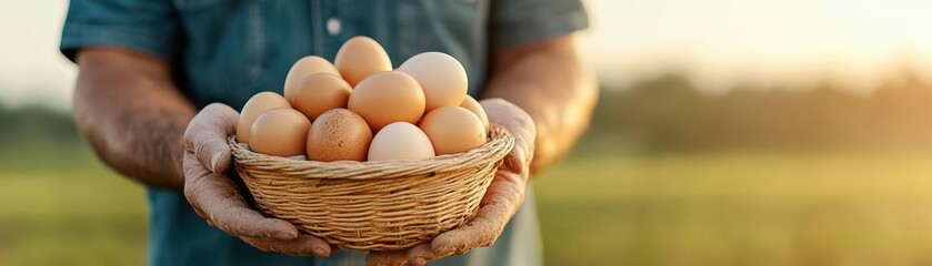 Farmer holding a basket of freshly collected eggs, standing in front of a poultry house, earthy tones conveying rural simplicity Poultry, Fresh Eggs, Farm Life