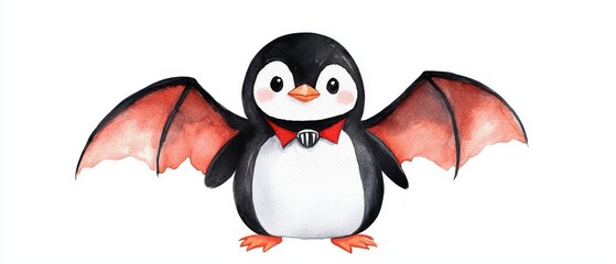 Naklejka premium Penguin wearing a tiny Dracula cape and fangs, vampire penguin, adorable Halloween animal, watercolor style