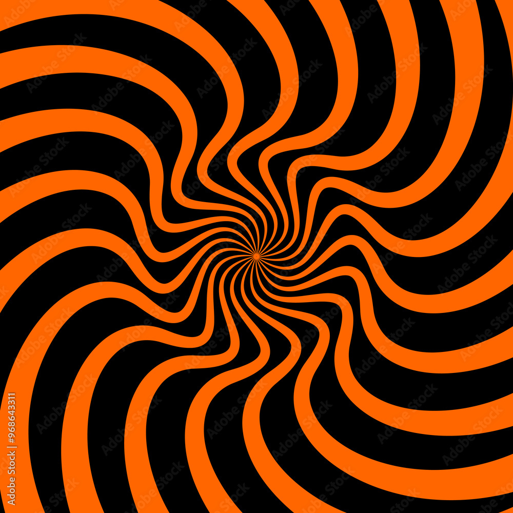 Aufkleber Psychedelic Halloween spiral pattern. Vector optical illusion background with black and orange continuous flowing waves or lines, creating captivating visual effect of distortion and trippy vibes