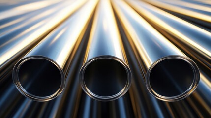 A high-resolution image of smooth, reflective metal pipes arranged in parallel. The photograph captures how light plays off the shiny surfaces, creating strong contrasts and bright reflections.