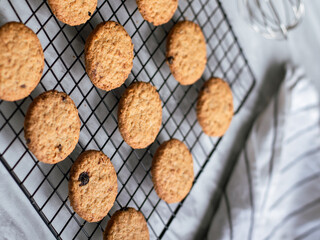 Freshly baked oatmeal cookies cooling on a black wire rack, with a light background and soft natural lighting. The cookies are golden brown with hints of raisins and a crispy texture, creating a cozy