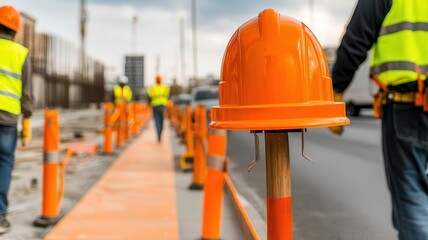 Road construction zone with a temporary pedestrian walkway, safety barriers, and workers guiding traffic, emphasizing safety measures