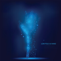 Digital AI hand on blue technology background. Abstract in lines, connection points and triangles. 3D vector illustration of polygonal grid. Business concept. Low poly wireframe.