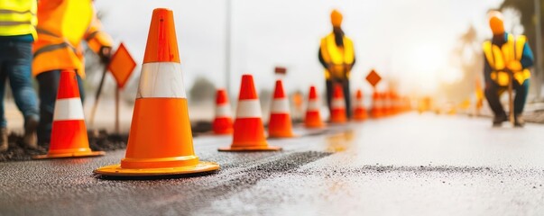 Roadwork scene with workers installing traffic cones, signs, and barriers around a construction zone, ensuring safety and organization