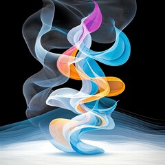 A vibrant and colorful swirl of smoke, creating an abstract and dynamic visual effect against a dark background.