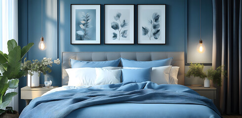 “Blue Bedroom with Wall Art Frames Above the Bed Creating a Calm Atmosphere”
