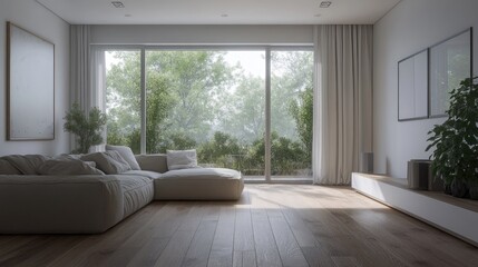 Fototapeta premium Minimalist living room design featuring a sofa on wooden flooring decorative elements on a large wall and a bright white view through the window Nordic style 3D illustration