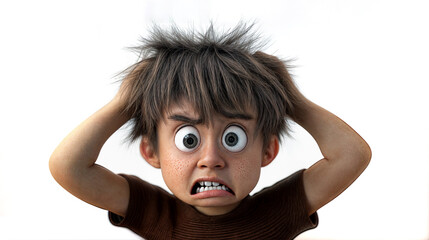 stressed boy itching his head. Isolated on white. Head lice or itchy scalp concept