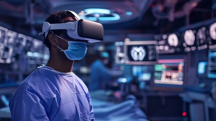AI-guided virtual reality medical training for surgeons: A doctor practicing complex surgeries in a fully immersive VR environment powered by AI.