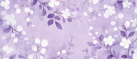 Fototapeta premium White flowers and leaves on a soft lilac violet background featuring small scale floral designs in a folk and rustic style perfect for country or cottage decor