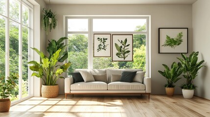 Concept of a bright Scandinavian living room featuring a sofa potted plants on wooden flooring and artwork displayed on a large wall with a view of a serene landscape through the window 3D illustra