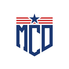 Patriotic MCD Logo with Star and American Flag Straps. Letter MCD Logo with USA Flag