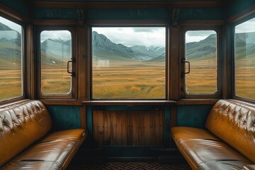A train car with two seats and a window that looks out over a field