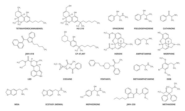 Synthetic and organic drug molecules and formulas. Vector chemical structures set of hu 210, tetrahydrocannabinol, ephedrine, pseudoephedrine, cathinone, amphetamine, lsd, cocaine, methadone, fentanyl