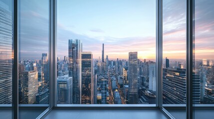 City skyline view from a high rise window showcasing modern buildings and luxurious real estate interiors overlooking skyscrapers in an urban financial district 3D rendering