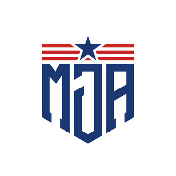 Patriotic MJA Logo with Star and American Flag Straps. Letter MJA Logo with USA Flag