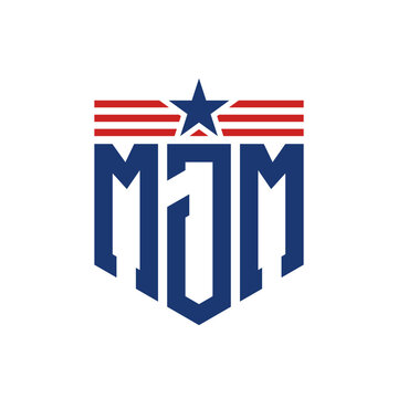 Patriotic MJM Logo with Star and American Flag Straps. Letter MJM Logo with USA Flag