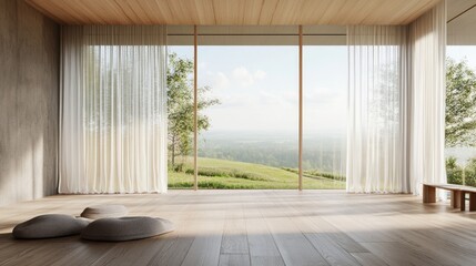 Fototapeta premium Concept of a minimalist Scandinavian room featuring wooden flooring large walls and a view of a serene landscape through curtained windows Interior design scene 3D rendering