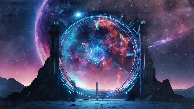 Giant clock portal in space, smooth looping video 4K