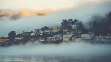 Dense fog covering a coastal town at dawn, foggy weather, quiet and eerie