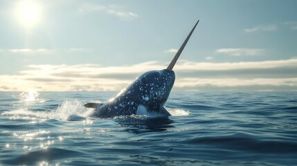 A narwhal breaches the water's surface, showcasing its long tusk in a serene ocean setting.