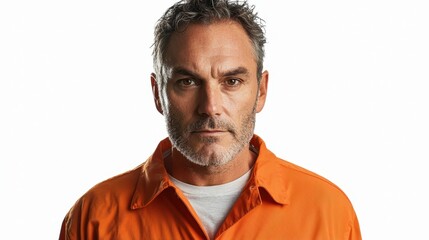 Lost in Isolation - Depressed Middle-Aged Man in Orange Prison Jumpsuit Standing Against White Backdrop with Blank Expression