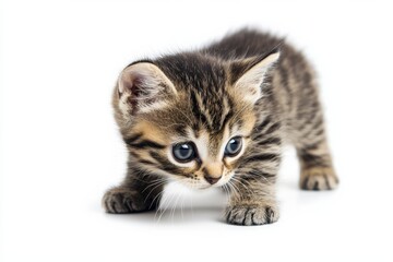 Obraz premium Young tabby kitten curiously looking on white background, isolate,