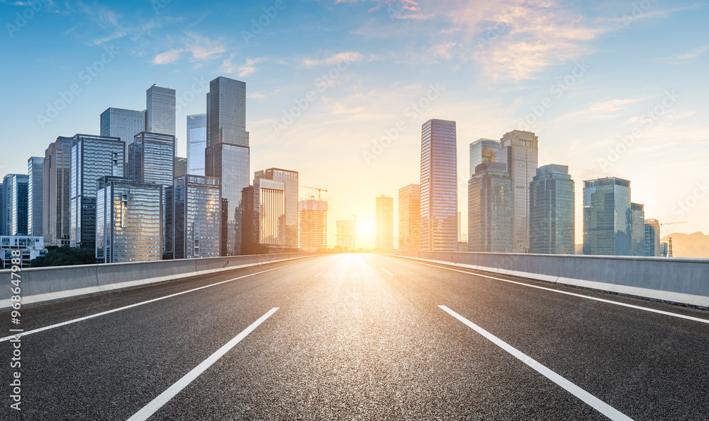 Canvas Prints Asphalt highway road and modern city commercial buildings scenery at sunrise in Chongqing. Car background.