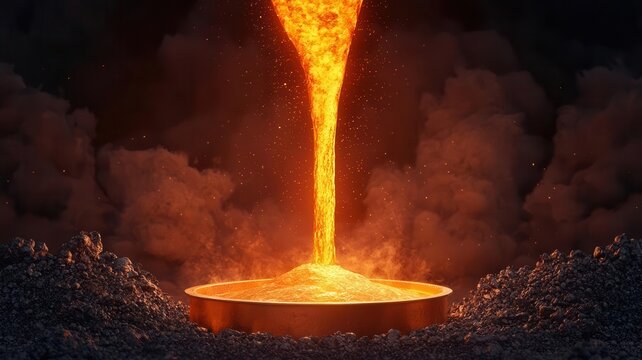 Illustration of a gold refining process with molten gold being poured into molds, surrounded by smelting equipment