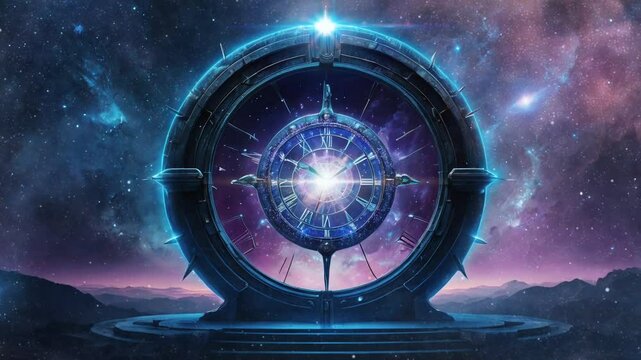 Giant clock portal in space, smooth looping video 4K 