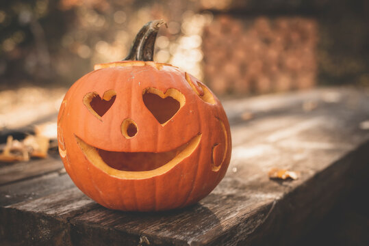 Close-up of jack o' lantern on table during Halloween