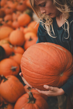 Midsection of girl holding pumpkin during autumn