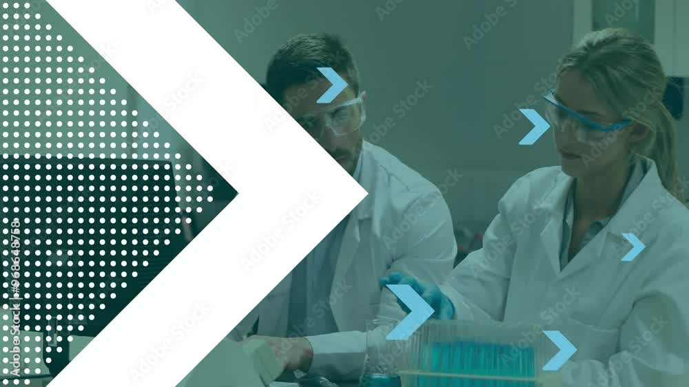 Poster animation of arrows and data processing over diverse scientists in laboratory