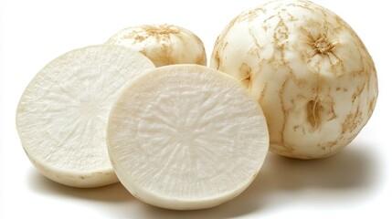 Fresh Organic Daikon Radish With Cut Slices Showcasing Texture Against a White Background