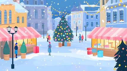 Cartoon Christmas market with festive stalls and twinkling lights. Christmas night fair