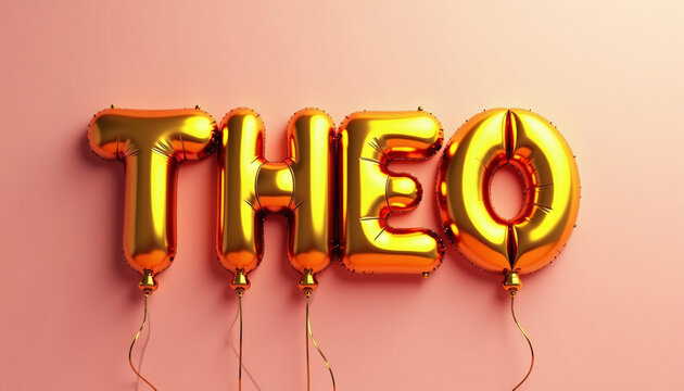 THEO Golden 3D Balloon Letters on Solid Background