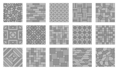 Grey stone pavement seamless patterns. Street paving background with vector rock texture of cobblestone, pebble, brick and flagstone. Pavement pattern floor tile, road, path and sidewalk paving motif