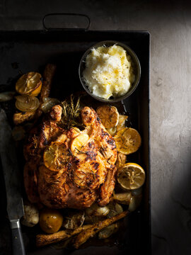 Directly above shot of grilled chicken served in tray