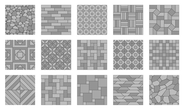 Grey stone pavement seamless patterns. Street paving background with vector rock texture of cobblestone, pebble, brick and flagstone. Pavement pattern floor tile, road, path and sidewalk paving motif