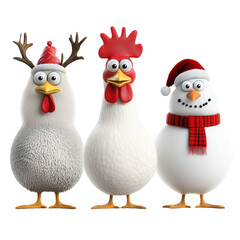 Fototapeta premium A festive PNG image featuring 3 cute funny chickens dressed in Christmas attire, in PNG transparent background 