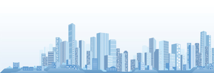 Obraz premium Urban silhouette landscape of modern city. Abstract horizontal banner. Panorama in frat style, header images for web. City buildings of business district. Vector illustration simple geometric