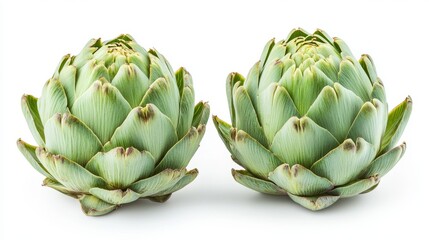 Fototapeta premium Freshly Harvested Green Artichokes Arranged on a Clean, White Background for Culinary Presentation
