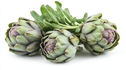 Fototapeta premium Fresh Artichokes With Green Leaves Arranged on a White Background in a Natural Display
